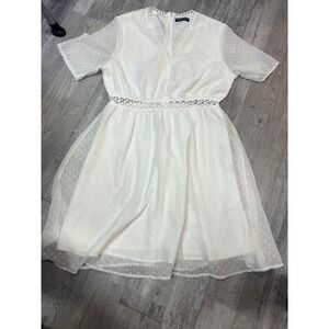 SHEIN White Swiss Dot Mini Dress V-Neck Crochet Lace Trim Short Sleeve Size L